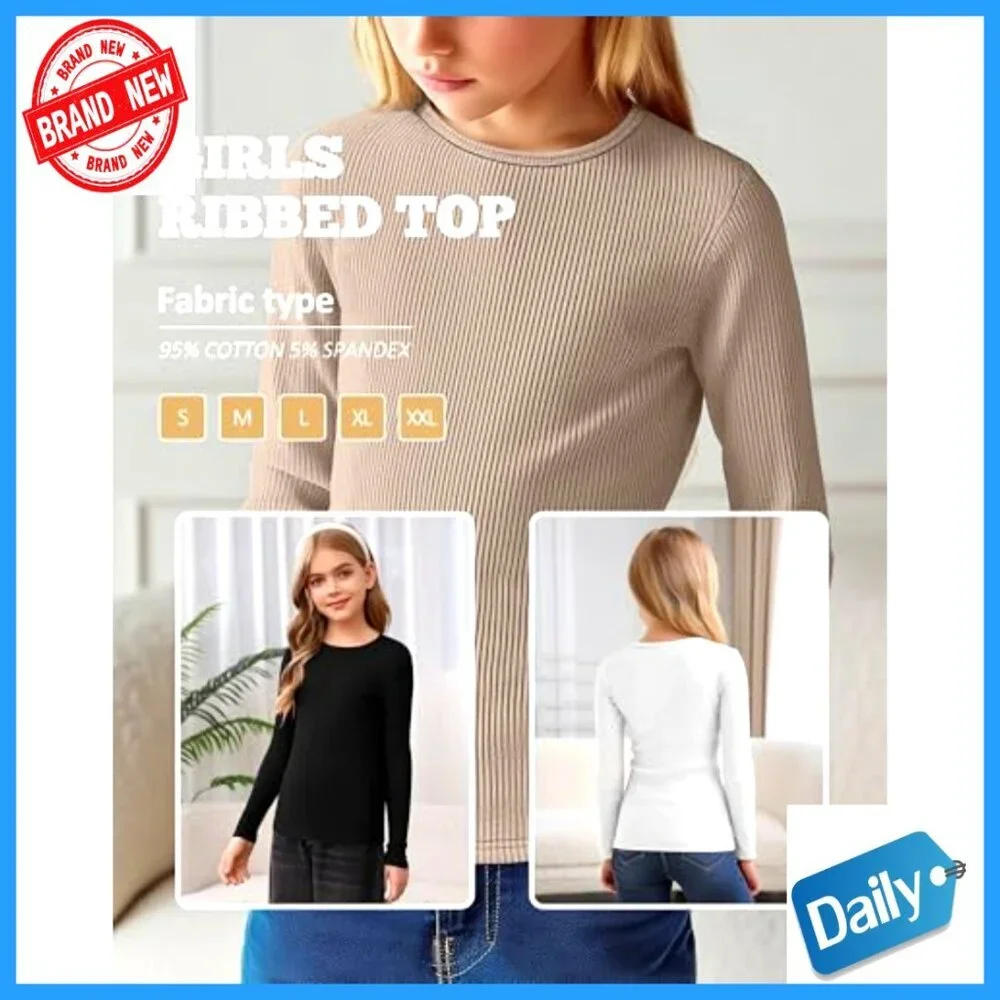 3 Pack Girls Long Sleeve Ribbed Cotton Tees Slim Fit Layering Tops
